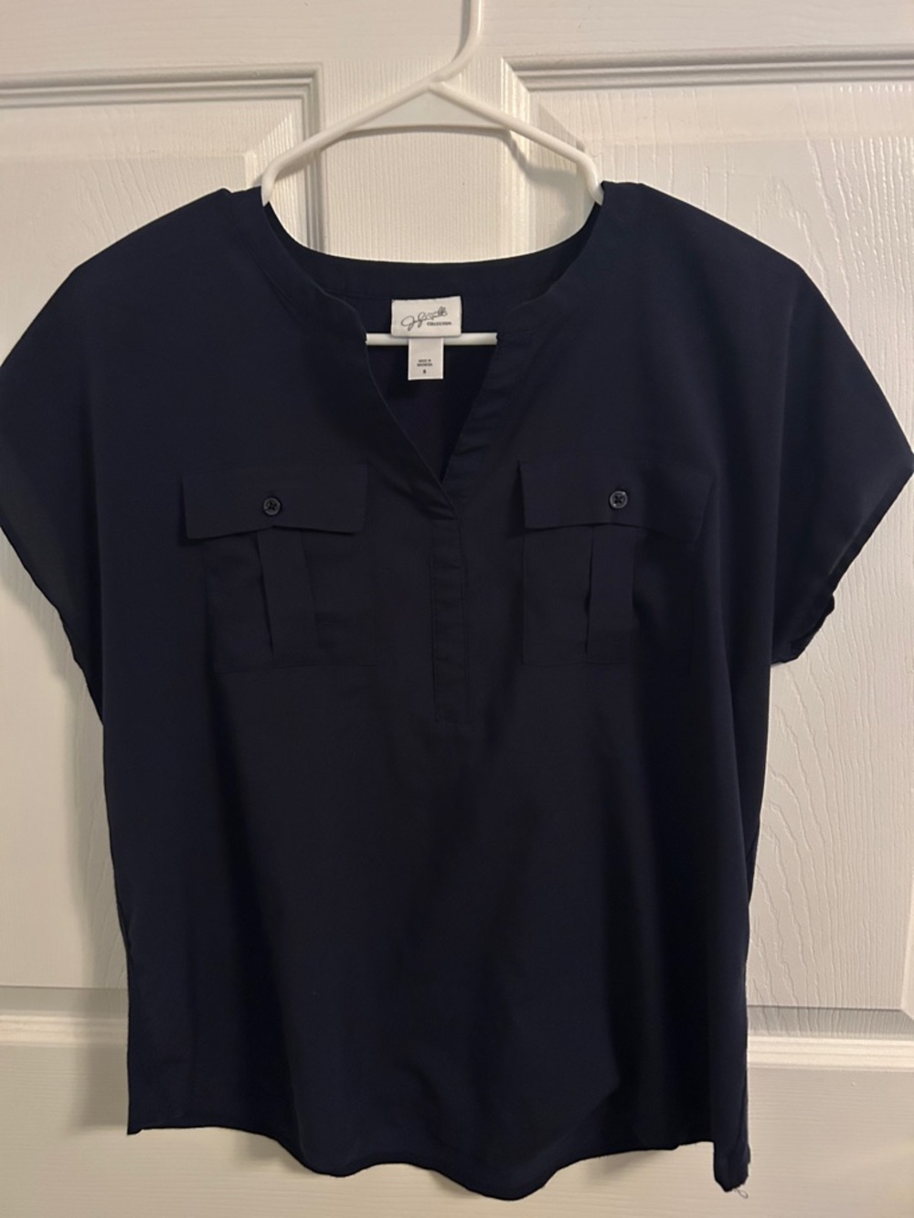 Button-Pocket Navy Short-Sleeve Blouse - Women's